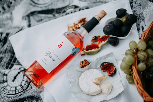 这款搭配了玫瑰葡萄酒、奶酪、无花果和葡萄的时尚野餐场景，非常适合奢华的户外庆祝活动