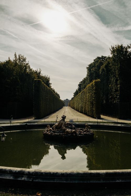 Free Majestic view of a fountain and grand hedges at the Palace of Versailles under a bright sky. Stock Photo