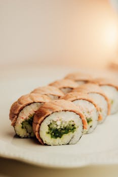 Appetizing sushi rolls with fresh ingredients neatly arranged on a plate.