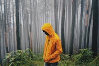 薄雾缭绕的印度尼西亚森林中，一名身穿黄色夹克的男子静立着，营造出宁静而沉思的氛围