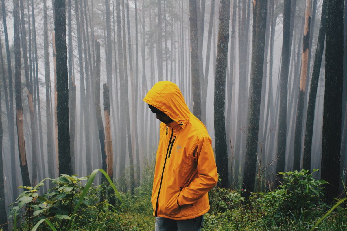 Viajero con chaqueta impermeable amarilla en la montaña