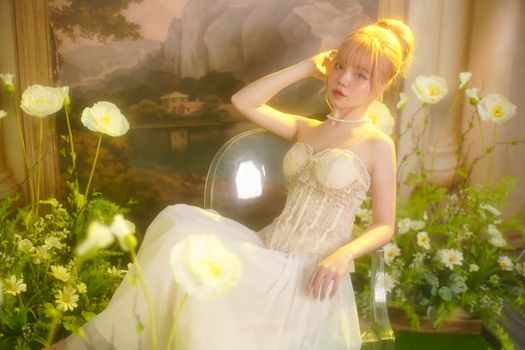 A woman in a white dress poses elegantly amidst spring flowers in an indoor garden setting.