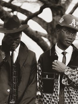 Elegant black and white portrait of two men in vintage hats and suits with a tree backdrop.