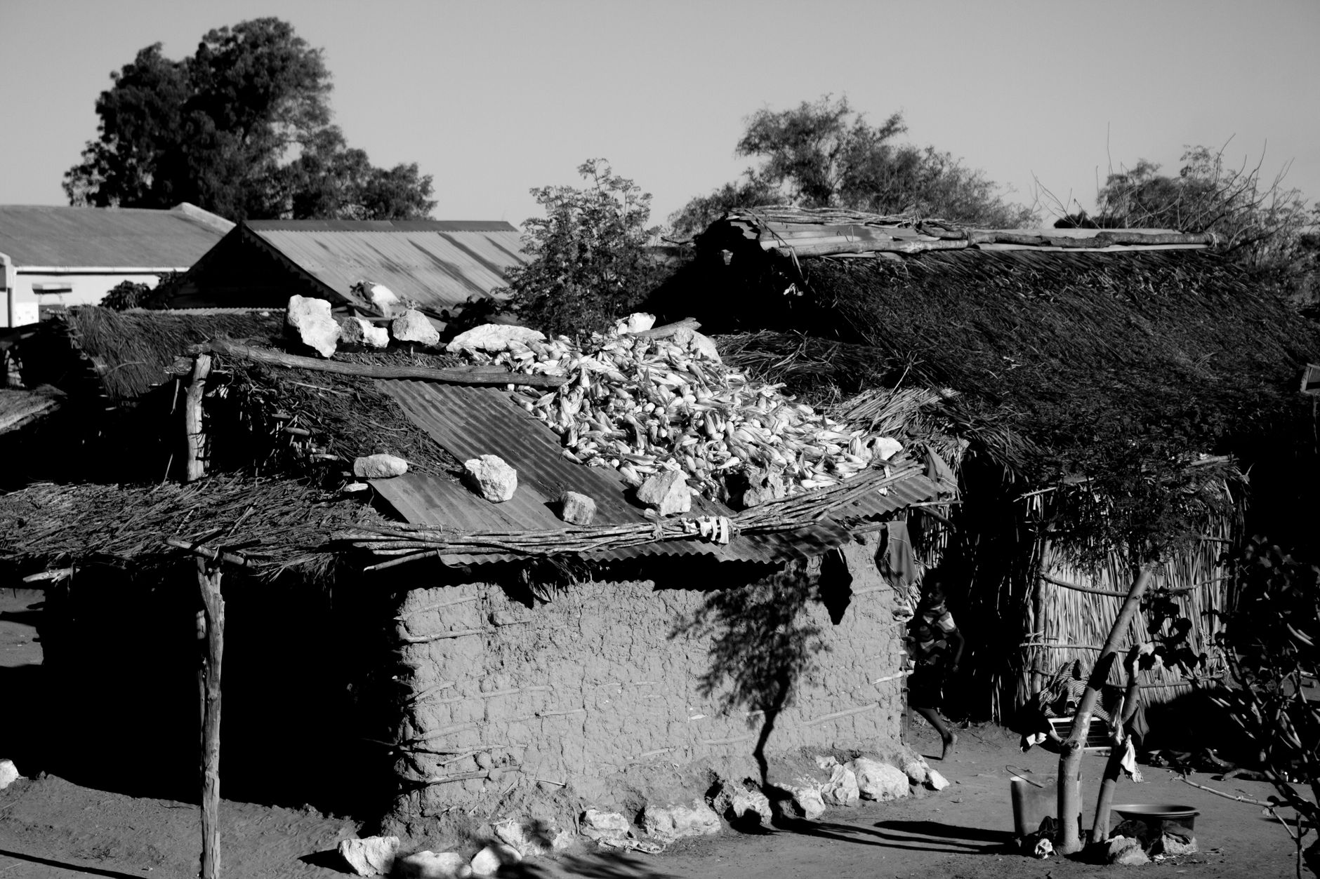 Traditional hut in Madagascar village with corn drying on the roof, highlighting rural life.