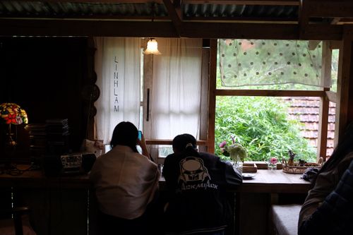 Free People working in a cozy indoor space with scenic greenery visible outside. Stock Photo
