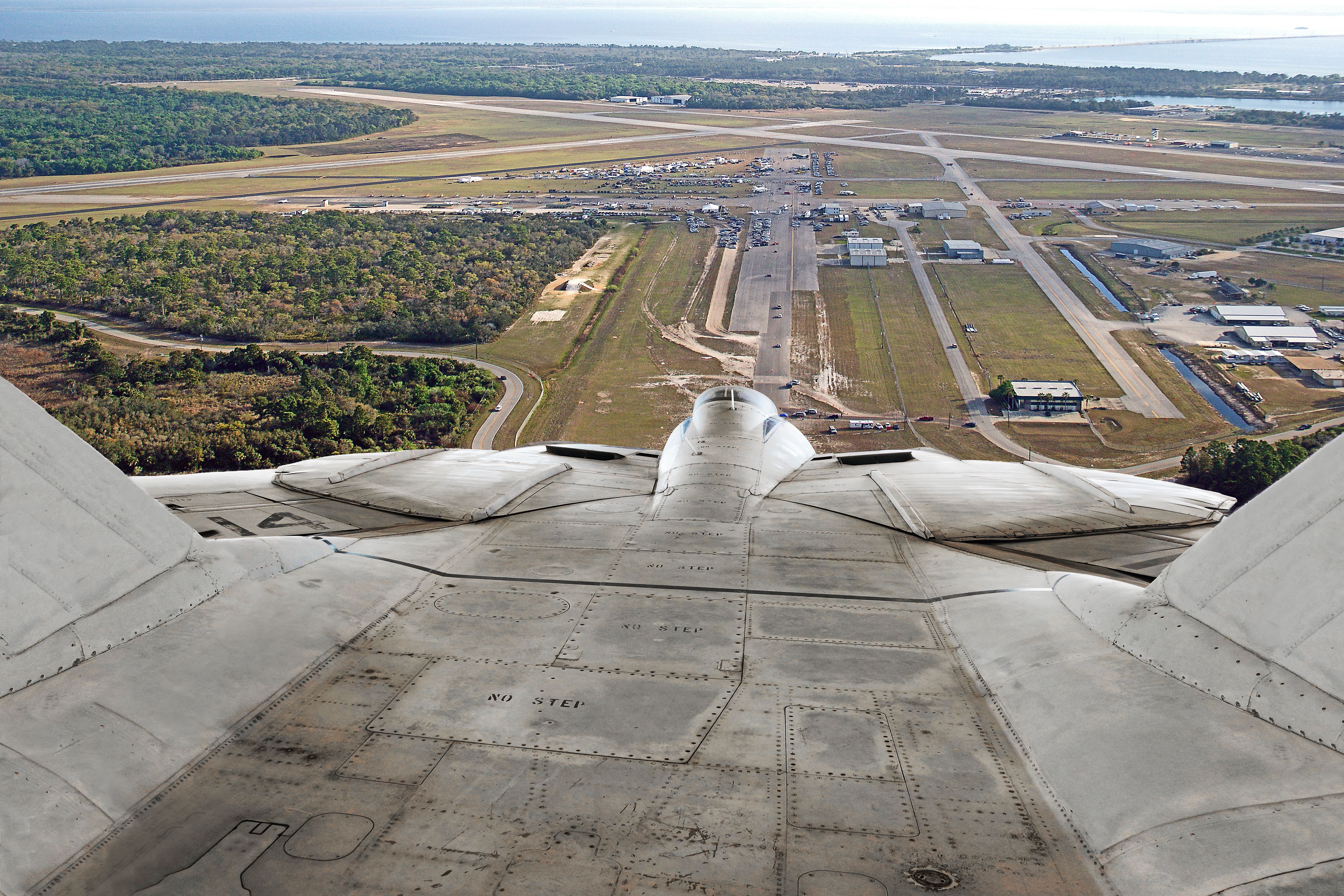 Aerial perspective of an aircraft approaching Space Coast Regional Airport, Titusville.