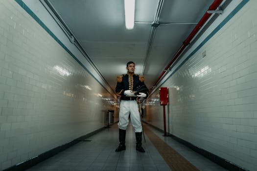A military officer in ceremonial uniform stands in a tiled corridor.