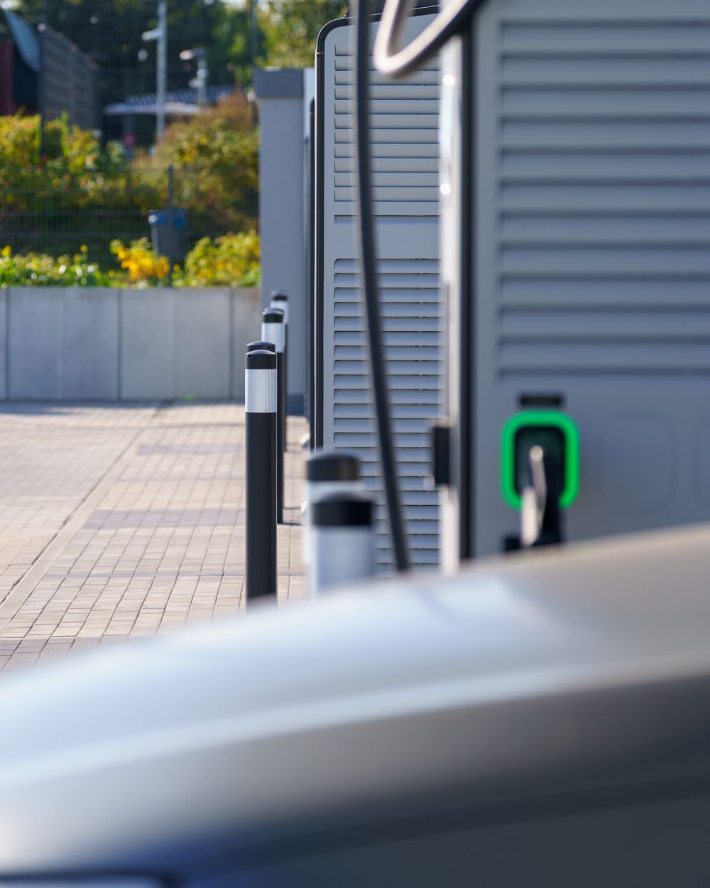 Modern outdoor EV charging units suitable for workplace parking areas