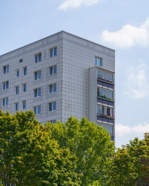 Free A modern residential building framed by vibrant trees under a clear blue sky. Stock Photo