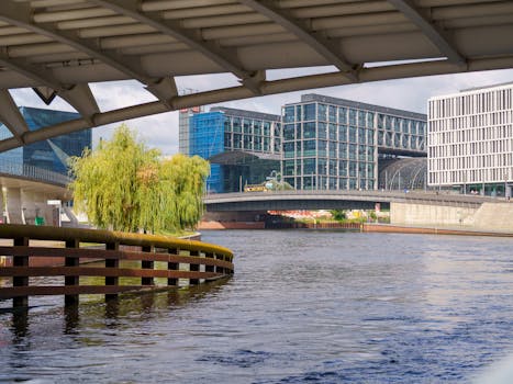 Modern architecture along the river with a bridge in Berlin, Germany.