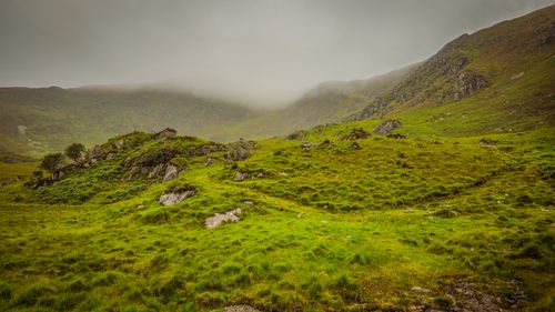 Free Tranquil misty landscape in Kilgarvan, Ireland, showcasing lush green hills and atmospheric fog. Stock Photo