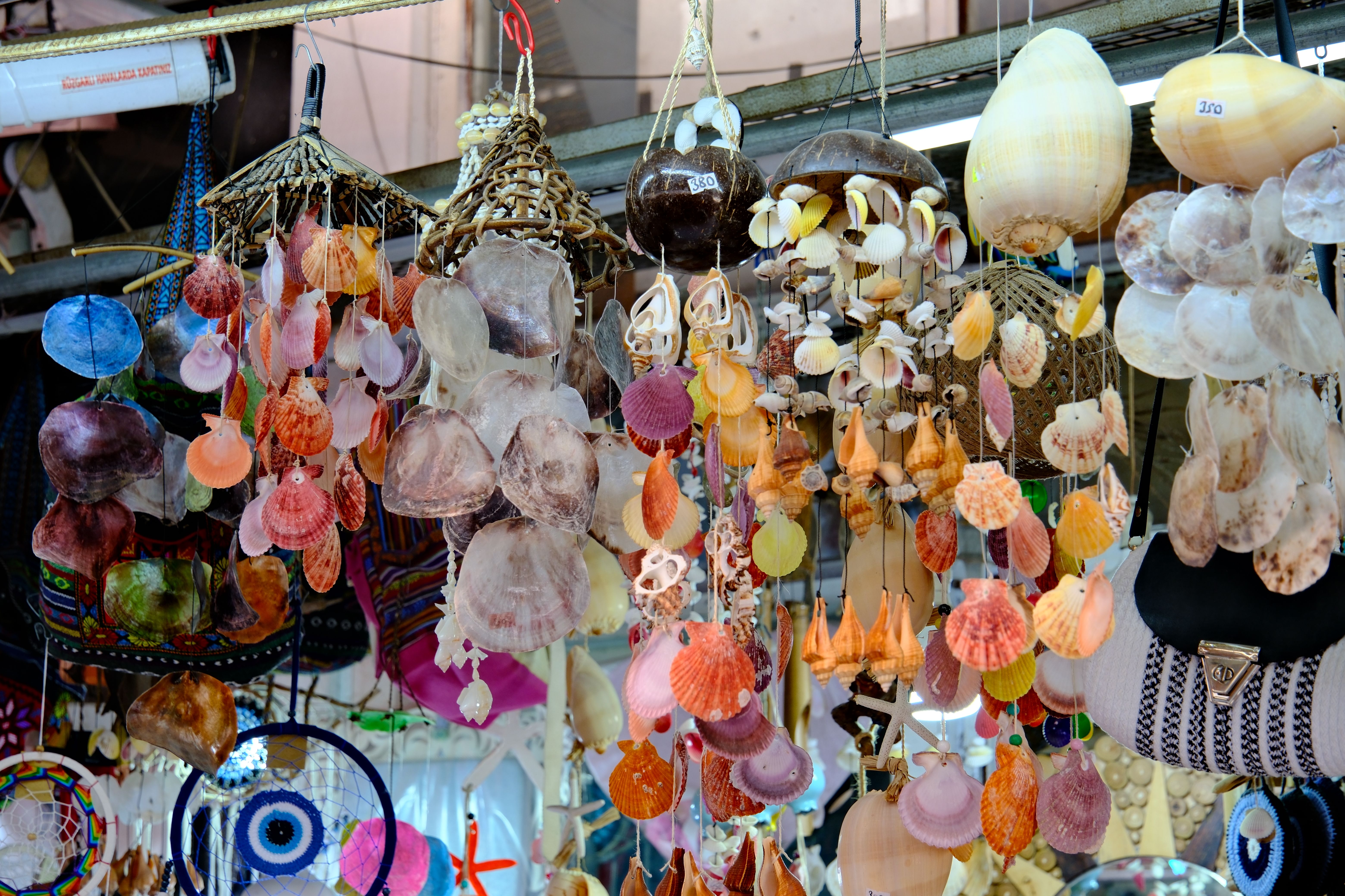 Vibrant seashell decorations on display at Amasra Market in Türkiye, showcasing local craftsmanship.
