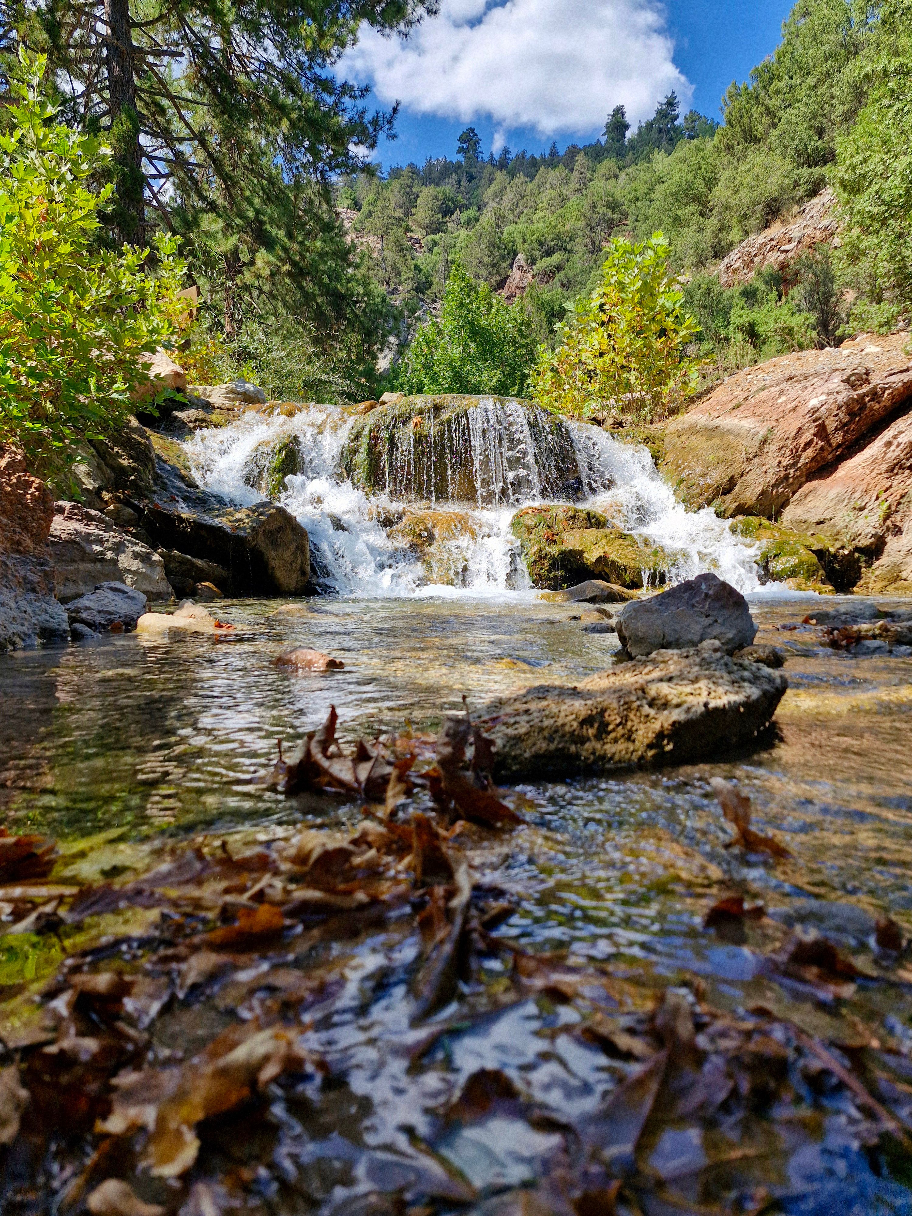 Captivating waterfall cascading in a verdant Denizli forest, captured in vivid detail.