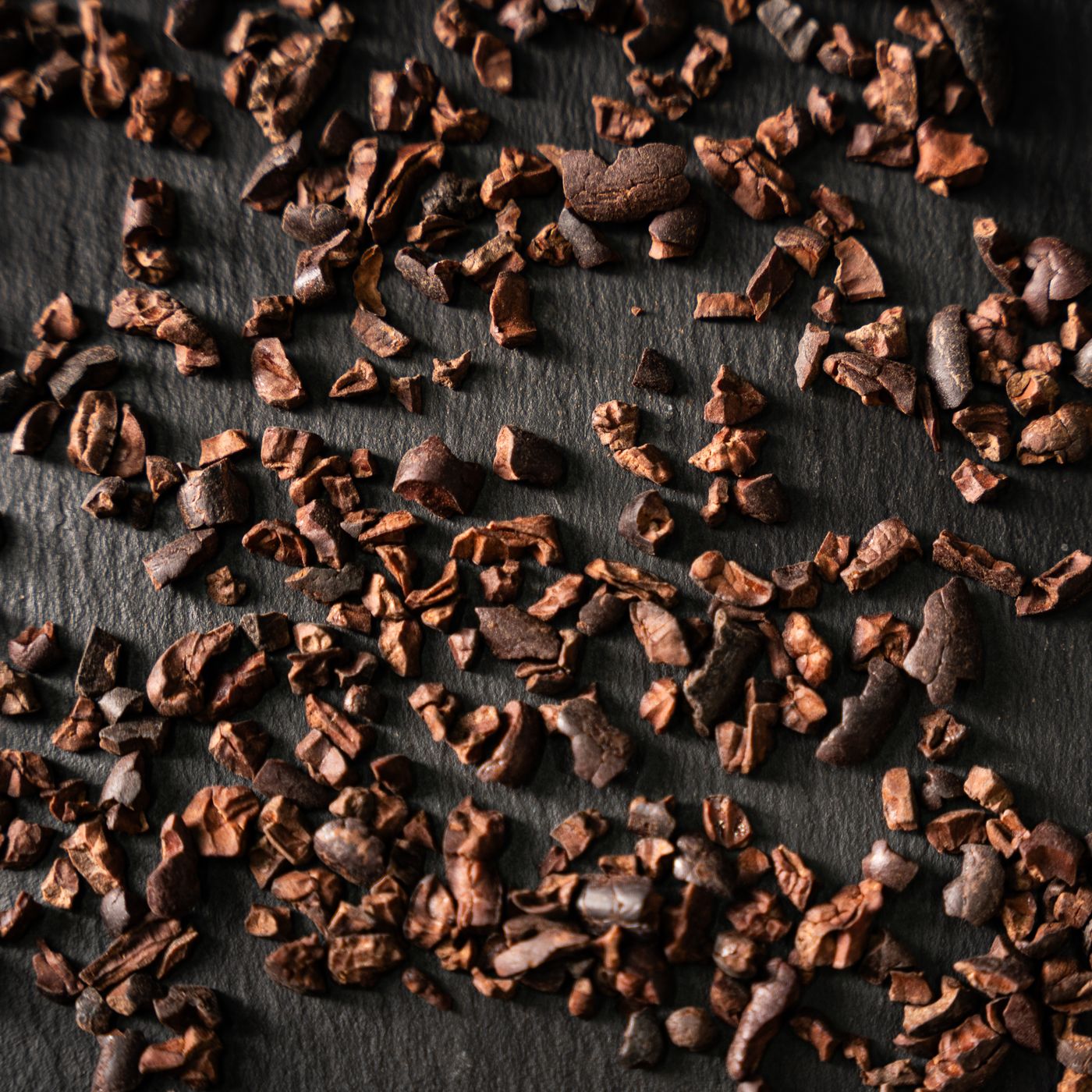 Roasted cacao nibs, cracked from the bean