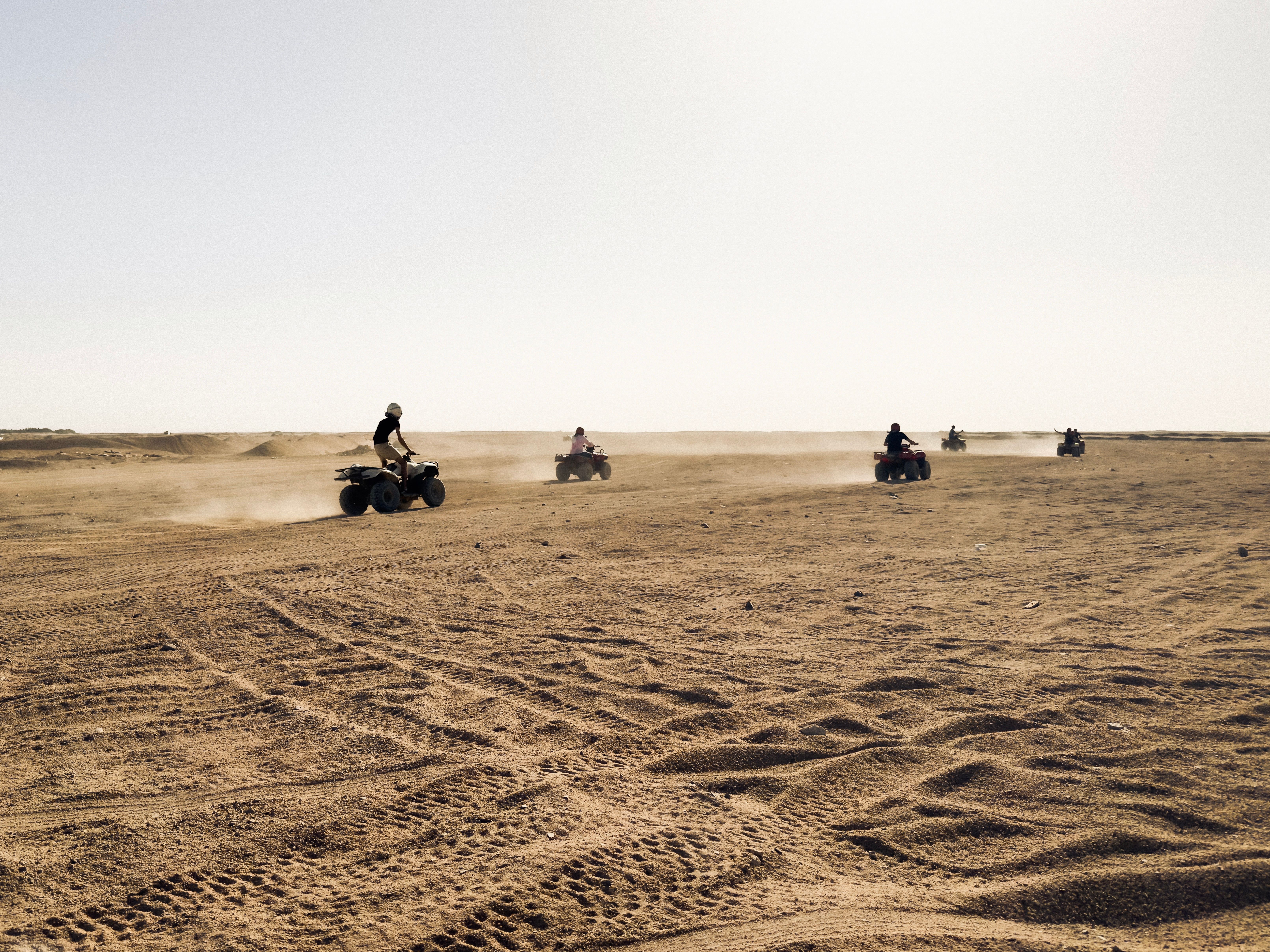 Group riding ATVs across a sandy desert terrain on a bright sunny day.