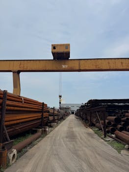 A large crane stands in an outdoor yard with metal pipes stacked alongside a concrete path.