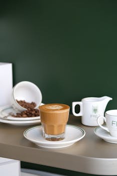 A fresh flat white with beautiful latte art on a saucer alongside coffee beans and mugs.
