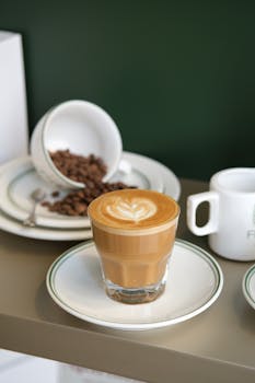 Creamy latte with elegant art at a quaint café in İstanbul, perfect for coffee lovers.