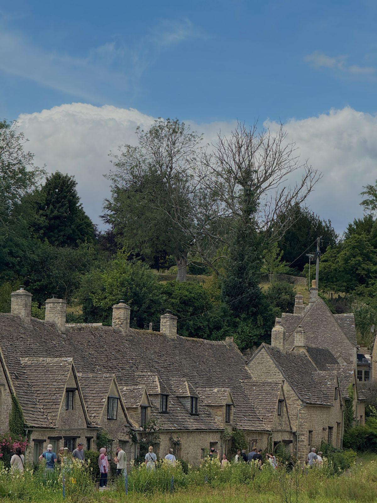 Cotswold stone cottages with greenery in Bibury