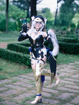 Cosplayer in an anime-inspired fantasy costume posing outdoors.