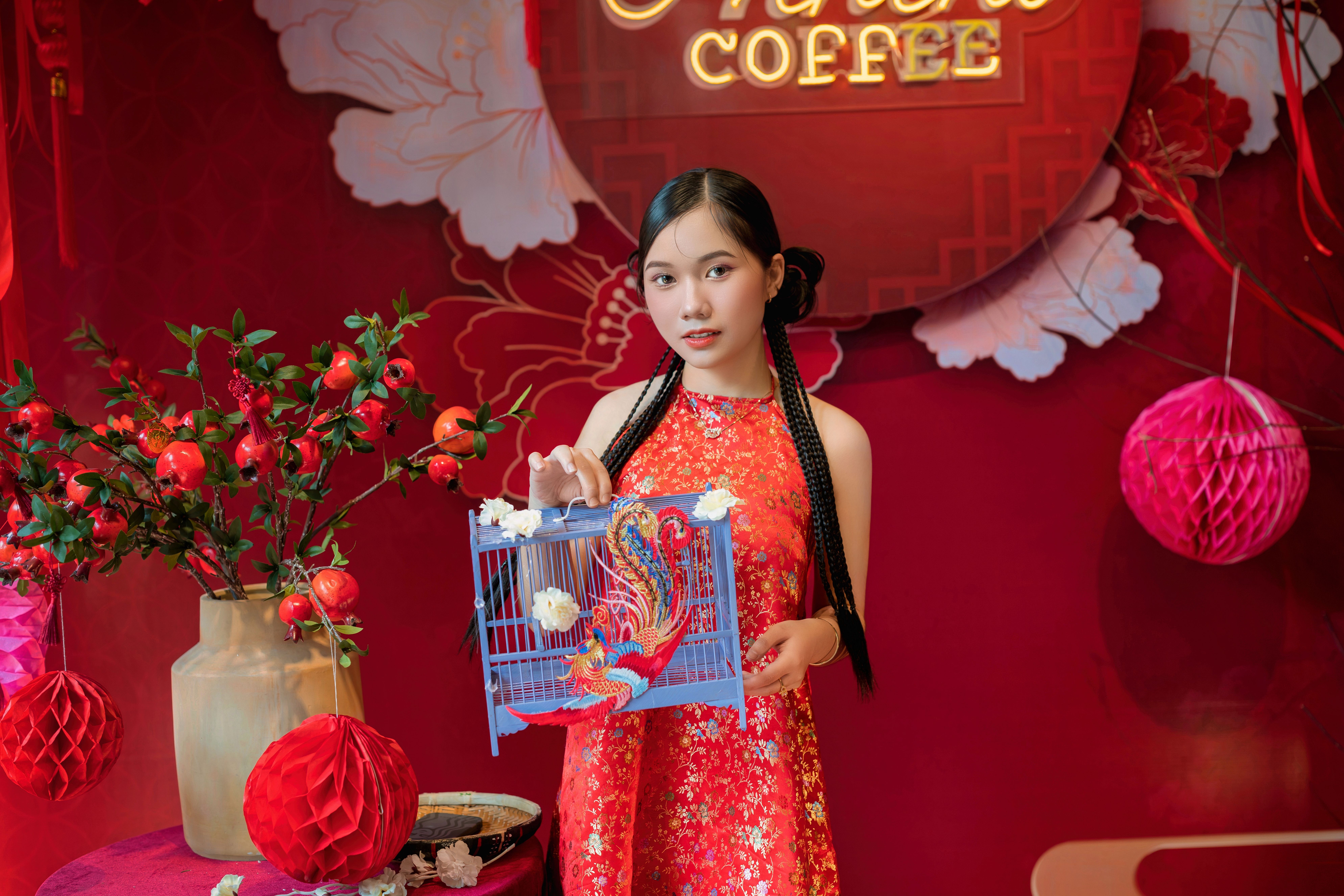 Young woman in traditional dress holding a decorative bird cage with red festive decorations around, celebrating Lunar New Year.
