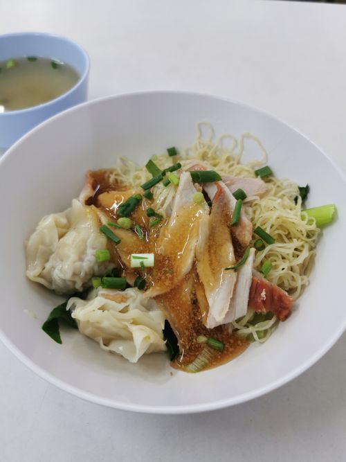 Free Tasty Asian noodle dish with chicken and dumplings, garnished with fresh herbs. Stock Photo