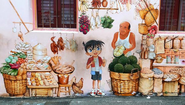 Vibrant mural depicting food vendors and a cartoon character in Chinatown, Singapore.