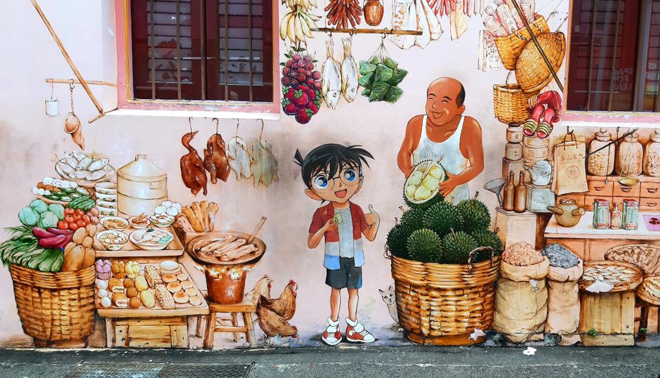 Vibrant mural depicting food vendors and a cartoon character in Chinatown, Singapore.