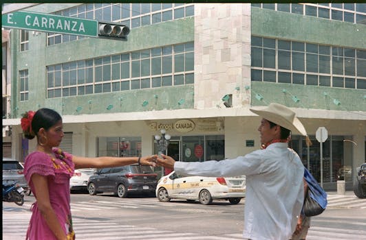 Colorful cultural dance captured on the streets of Tampico, Mexico, showcasing traditional attire.