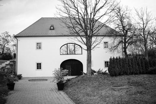 A timeless black and white photo of a European house surrounded by trees.