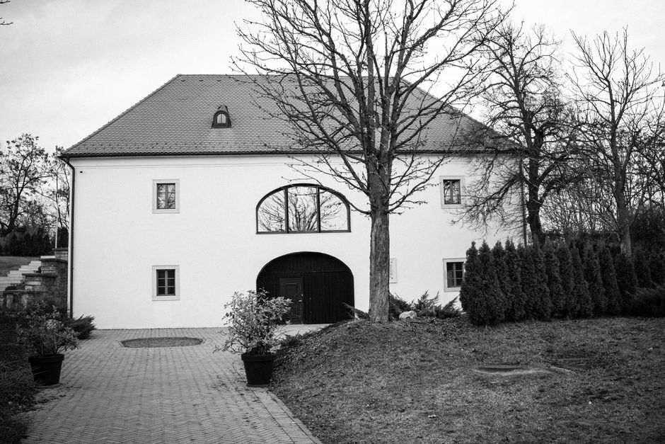 A timeless black and white photo of a European house surrounded by trees.