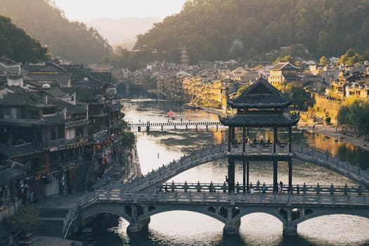 Scenic view of Fenghuang Ancient Town by the river at sunset, highlighting its traditional Chinese architecture.