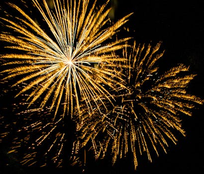 Vivid display of golden fireworks bursting beautifully against a dark night sky.