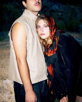 A young couple poses outdoors with a mix of modern and grunge fashion styles.