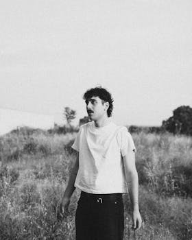 Artistic black and white portrait of a young man standing in a field, showcasing vintage analog aesthetics.