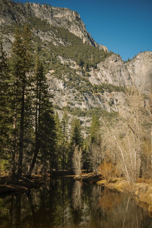 Free Beautiful landscape of Yosemite National Park with rocky cliffs and tranquil river reflections in fall. Stock Photo