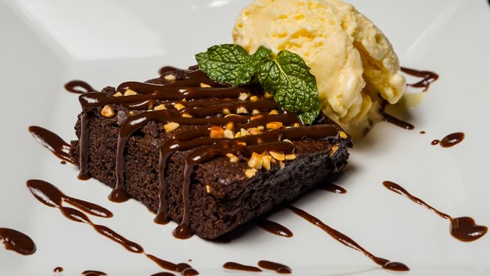 Chocolate brownie with ice cream dessert to share
