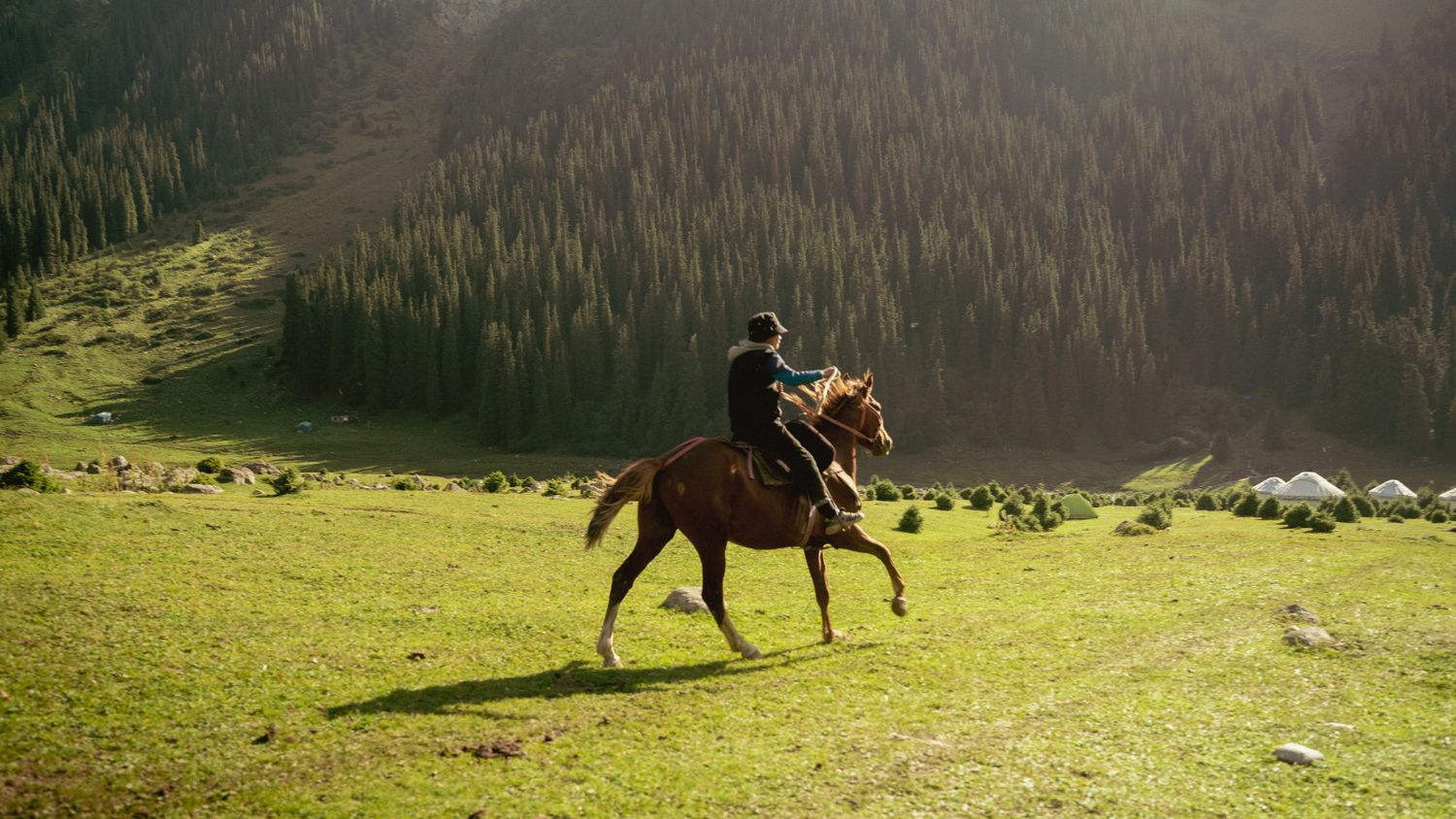 A rider crossing a green mountain valley on horseback — Musab S on Pexels