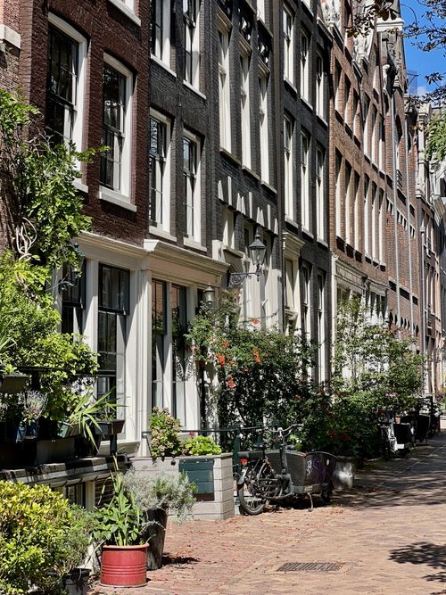 Free Sunny day on a historic Amsterdam street lined with classic brick buildings and greenery. Stock Photo