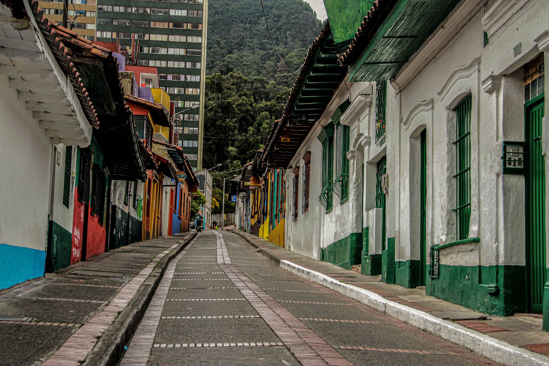 bogota colombia la candelaria colonial neighbourhood colourful houses street