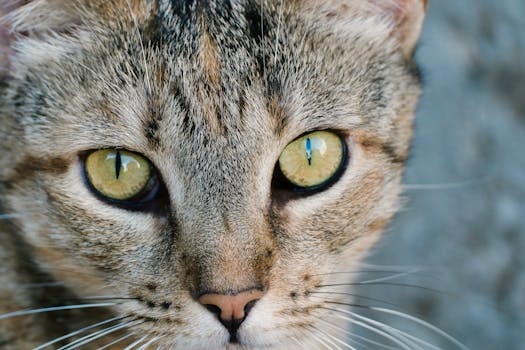 Detailed close-up of a tabby cat's intense gaze showing vibrant green eyes and detailed fur.