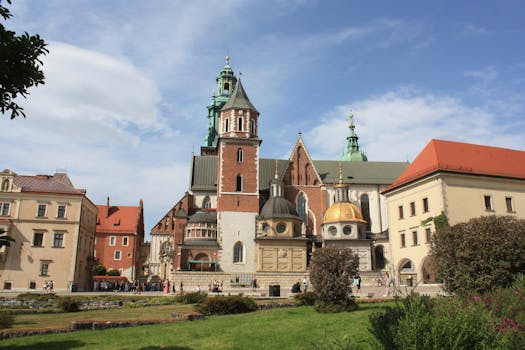 Historic Wawel Cathedral with clear blue skies in Krakow, Poland.