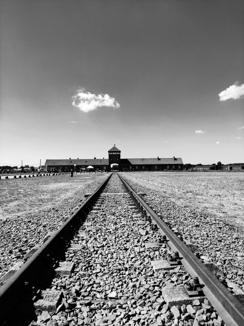 Free Black and white photo of Auschwitz-Birkenau's railway entrance, Poland. Stock Photo