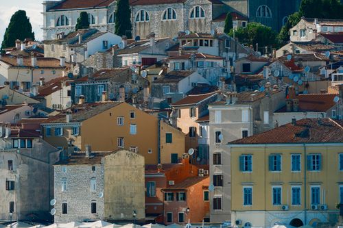 Free Colorful traditional buildings with terracotta roofs in Rovinj, Croatia. Stock Photo