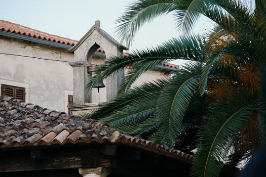 Scenic view of historic Mediterranean architecture with bell tower and palm tree in Croatia.