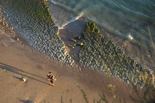 Free Aerial view of a beach with two people walking along coastal rocks and waves. Stock Photo