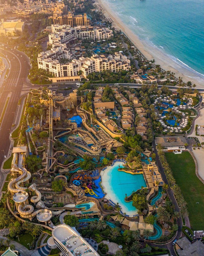 Aerial view of Wild Wadi Water Park beside Madinat Jumeirah on the Dubai coast