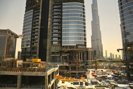 Construction site with skyscrapers including the Burj Khalifa in Dubai, UAE.