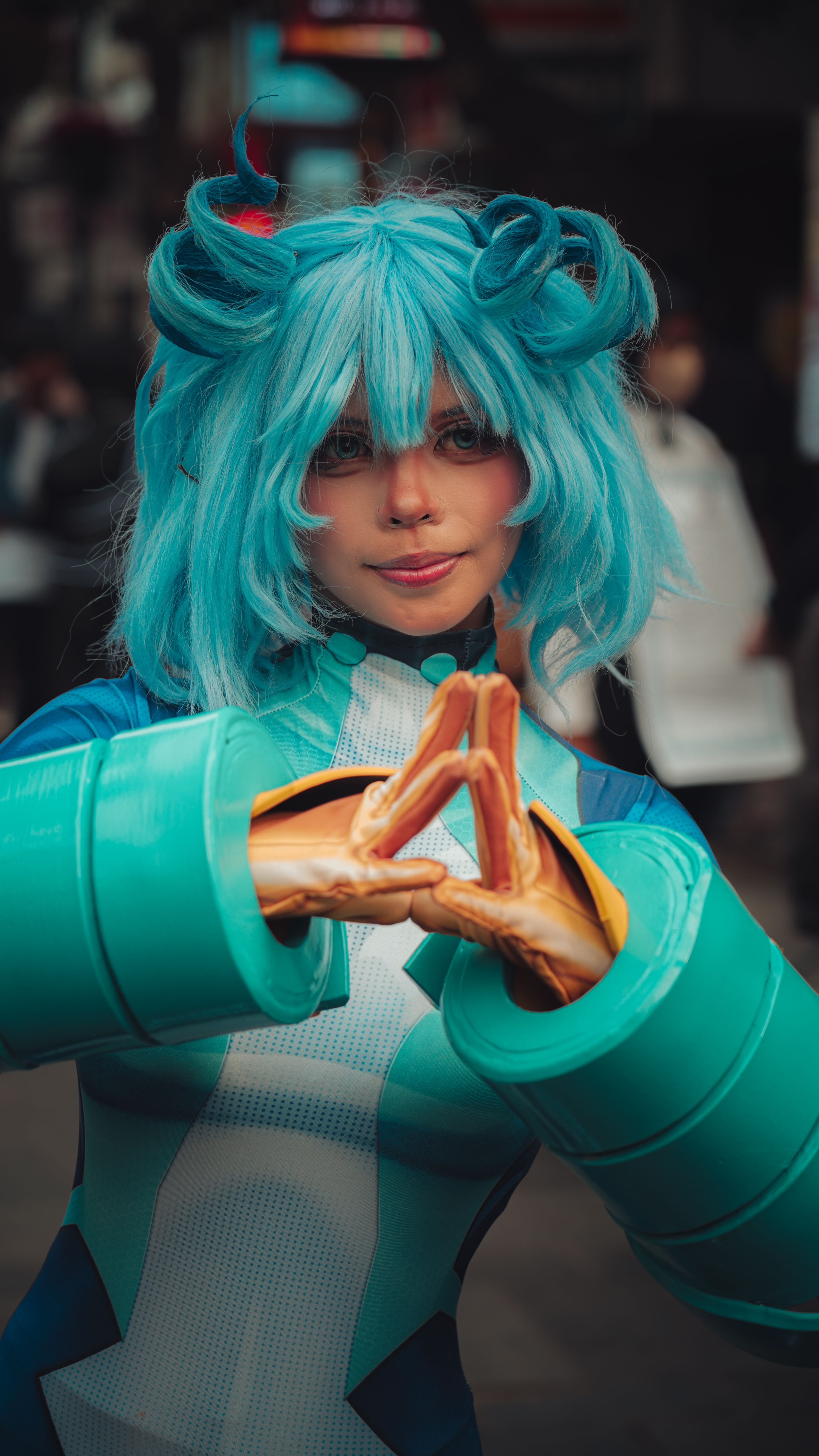 Cosplay Character in Vibrant Blue Costume