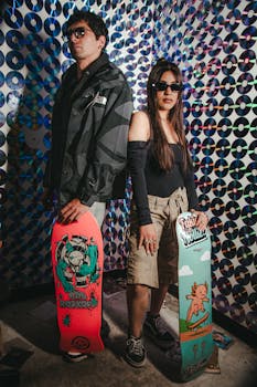 Two fashionable adults posing with skateboards against a CD wall backdrop, exuding urban coolness.